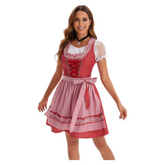 German Bavarian Munich Beer Festival Women Red Top Dress Apron Ribbon 4 Piece Set Cosplay Costume Outfits Halloween Carnival Suit
