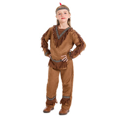 Indian Native Kids Girls 3 Piece Top Pants Headgear Set Cosplay Outfits Halloween Party Suit