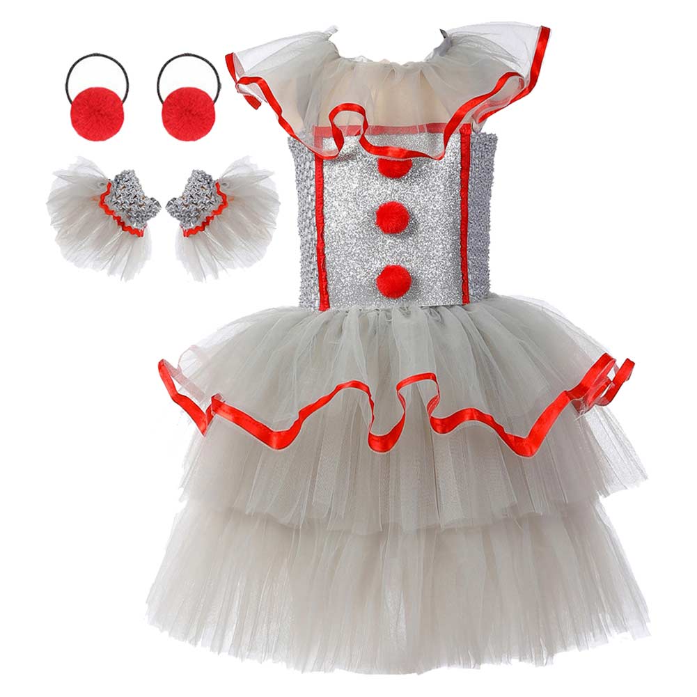 IT 2024 Pennywise Joker Kids Girls White Tutu Mesh Dress Cosplay Costume Outfits Halloween Carnival Suit