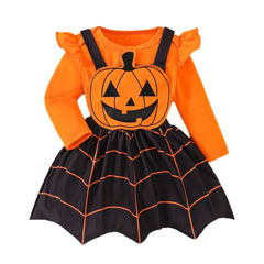 Kids Girls Pumpkin Ghost Face Strap Skirt 3 Piece Set Cosplay Costume Outfits Halloween Carnival Suit