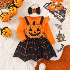 Kids Girls Pumpkin Ghost Face Strap Skirt 3 Piece Set Cosplay Costume Outfits Halloween Carnival Suit