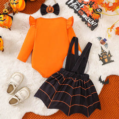 Kids Girls Pumpkin Ghost Face Strap Skirt 3 Piece Set Cosplay Costume Outfits Halloween Carnival Suit