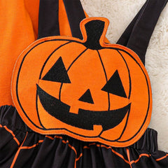 Kids Girls Pumpkin Ghost Face Strap Skirt 3 Piece Set Cosplay Costume Outfits Halloween Carnival Suit