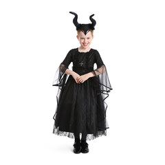 Medieval Gothic Black Wizard Cosplay Kids Girls Mesh Dress Costume Outfits Halloween Carnival Suit
