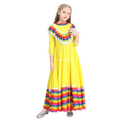 Mexico Big Circle Long Gypsy Flamenco Dance Kids Girls Dress Skirt Cosplay Costume Outfit Halloween Carnival Suit