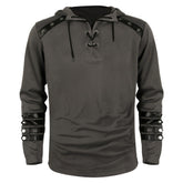 Middle Ages Patchwork Leather Tie Long Sleeve Slim Tie Adult Cosplay Hooded Sweatshirt Men Casual Pullover Hoodie