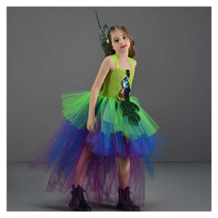 Peacock Kids Girls Mesh Tutu Dress 2 Piece Set Animal Cosplay Outfits Halloween Party Suit