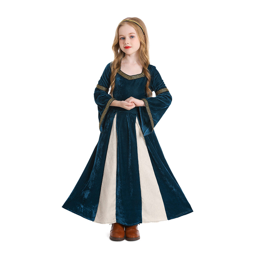 Renaissance Retro Kids Girls Navy Flared Sleeve Dress Cosplay Costume Outfits Halloween Carnival Suit
