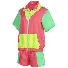 Retro 70s 80s Hip Hop 2 Piece Short Sleeve Set Pink Sportswear Cosplay Outfits Halloween Party Suit