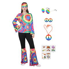 Retro 70s Hip Hop Hippy Colorful Printed 7 Piece Set Cosplay Outfits Halloween Party Suit