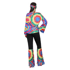 Retro 70s Hip Hop Hippy Colorful Printed 7 Piece Set Cosplay Outfits Halloween Party Suit