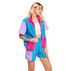 Retro 80s 2 Piece Blue and Purple Colorblocked Short Sleeve Sportwear Set For Adult Women Cosplay Costume Outfits Halloween Carnival Suit