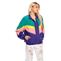 Retro 80S Hip Hop Lightweight Blue and Green Colorblocked Bomber Casual Jacket Coat For Adult Women Men Cosplay Costume Outfits Halloween Carnival Suit