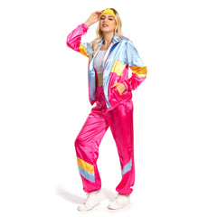 Retro 80s Rose Red Blue Colorblocked 3 Piece Legging Sportwear Jacket Pants Headband Set For Adult Women Men Cosplay Workout Costume Outfits Halloween Carnival Suit
