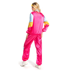 Retro 80s Rose Red Blue Colorblocked 3 Piece Legging Sportwear Jacket Pants Headband Set For Adult Women Men Cosplay Workout Costume Outfits Halloween Carnival Suit
