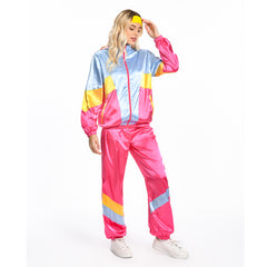 Retro 80s Rose Red Blue Colorblocked 3 Piece Legging Sportwear Jacket Pants Headband Set For Adult Women Men Cosplay Workout Costume Outfits Halloween Carnival Suit