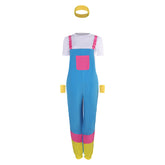 Retro 80s Women 3 Piece Set Blue Color Block Overalls Cosplay Outfits Halloween Party Suit