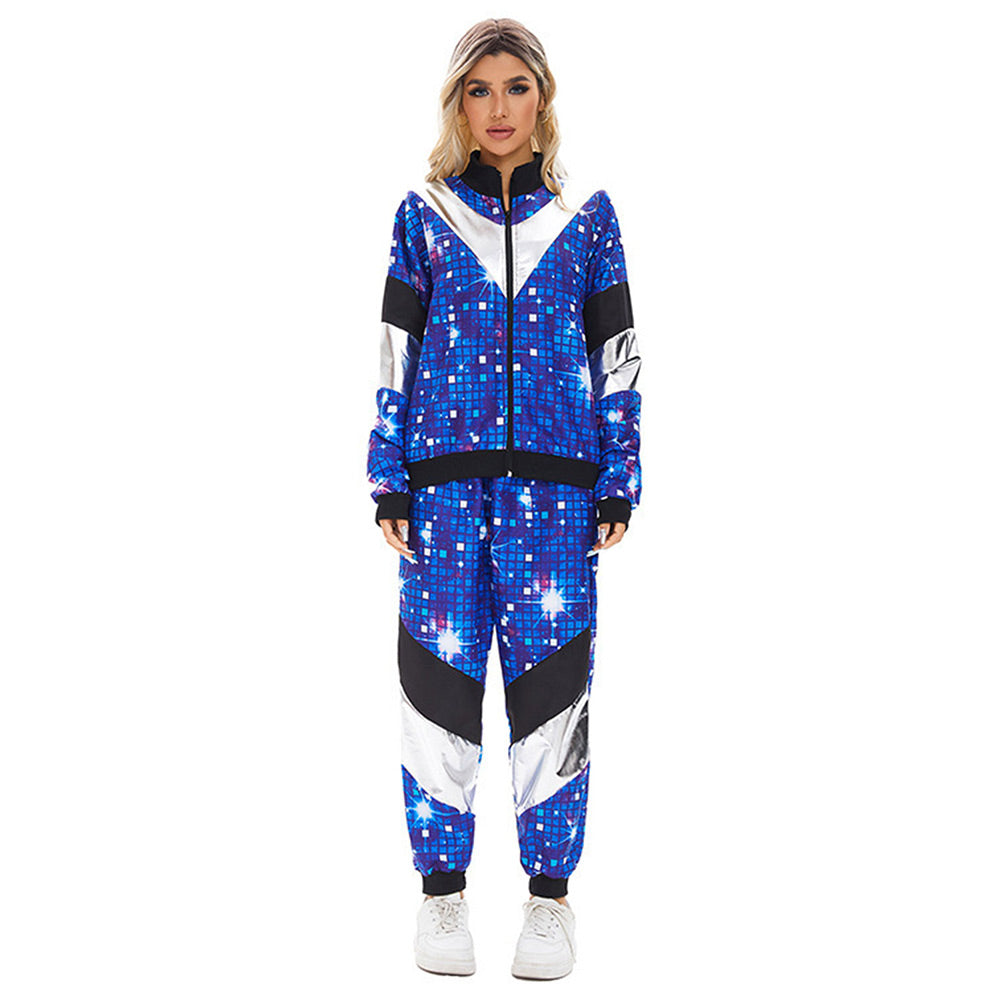 Retro 80s Women Disco Hip Hop Blue Starry Nights Color Block 2 Piece Sportswear Tracksuit Cosplay Outfits Halloween Party Suit