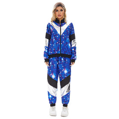 Retro 80s Women Disco Hip Hop Blue Starry Nights Color Block 2 Piece Sportswear Tracksuit Cosplay Outfits Halloween Party Suit