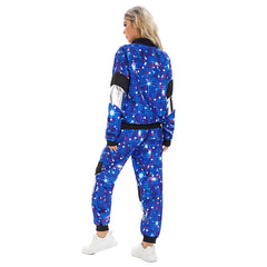 Retro 80s Women Disco Hip Hop Blue Starry Nights Color Block 2 Piece Sportswear Tracksuit Cosplay Outfits Halloween Party Suit