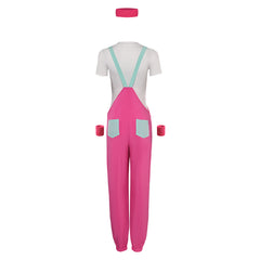 Retro 80s Women Rose Pink Overalls 3 Piece Set Cosplay Outfits Halloween Party Suit