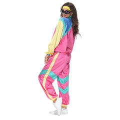 Retro Disco 80s 90s Women Pink Color Block 3 Piece Sportswear Headscarf Set Cosplay Outfits Halloween Party Suit