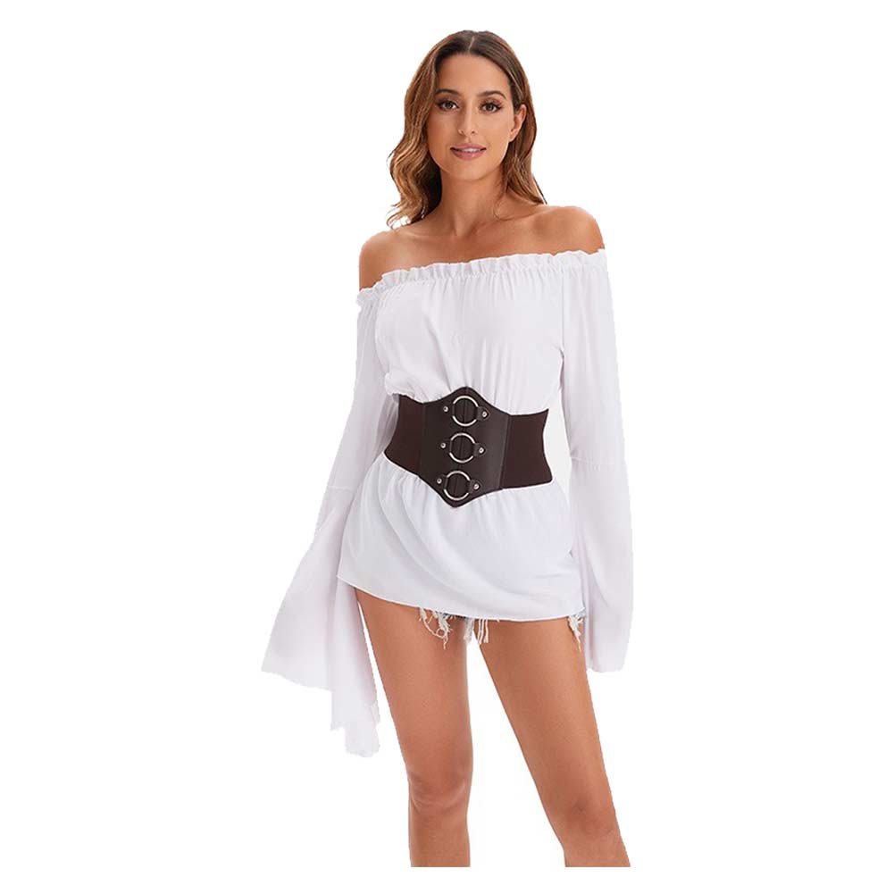 Retro Medieval Ages Renaissance Women Pirate Off the Shoulder White Dress Belt Set Cosplay Costume Outfits Halloween Carnival Suit