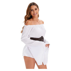 Retro Medieval Ages Renaissance Women Pirate Off the Shoulder White Dress Belt Set Cosplay Costume Outfits Halloween Carnival Suit