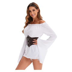 Retro Medieval Ages Renaissance Women Pirate Off the Shoulder White Dress Belt Set Cosplay Costume Outfits Halloween Carnival Suit