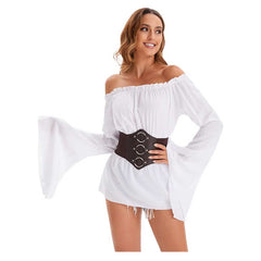 Retro Medieval Ages Renaissance Women Pirate Off the Shoulder White Dress Belt Set Cosplay Costume Outfits Halloween Carnival Suit