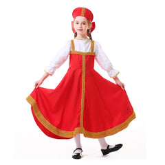 Retro Medieval Russian Ukraine Ethnic Clothing Kids Girls Red Long Dress Cosplay Costume Outfits Halloween Carnival Suit