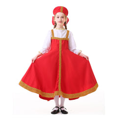 Retro Medieval Russian Ukraine Ethnic Clothing Kids Girls Red Long Dress Cosplay Costume Outfits Halloween Carnival Suit