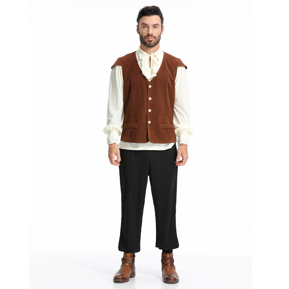 Retro Medieval Victoria Pirates Men Brown 3 Piece Set Cosplay Outfits Halloween Party Suit