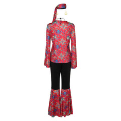 Retro Women 8 Pieces Hippy Recycle Pattern Red Suit Accessories Set Outfit Halloween Carnival Cosplay Costume
