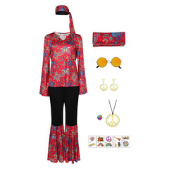 Retro Women 8 Pieces Hippy Recycle Pattern Red Suit Accessories Set Outfit Halloween Carnival Cosplay Costume