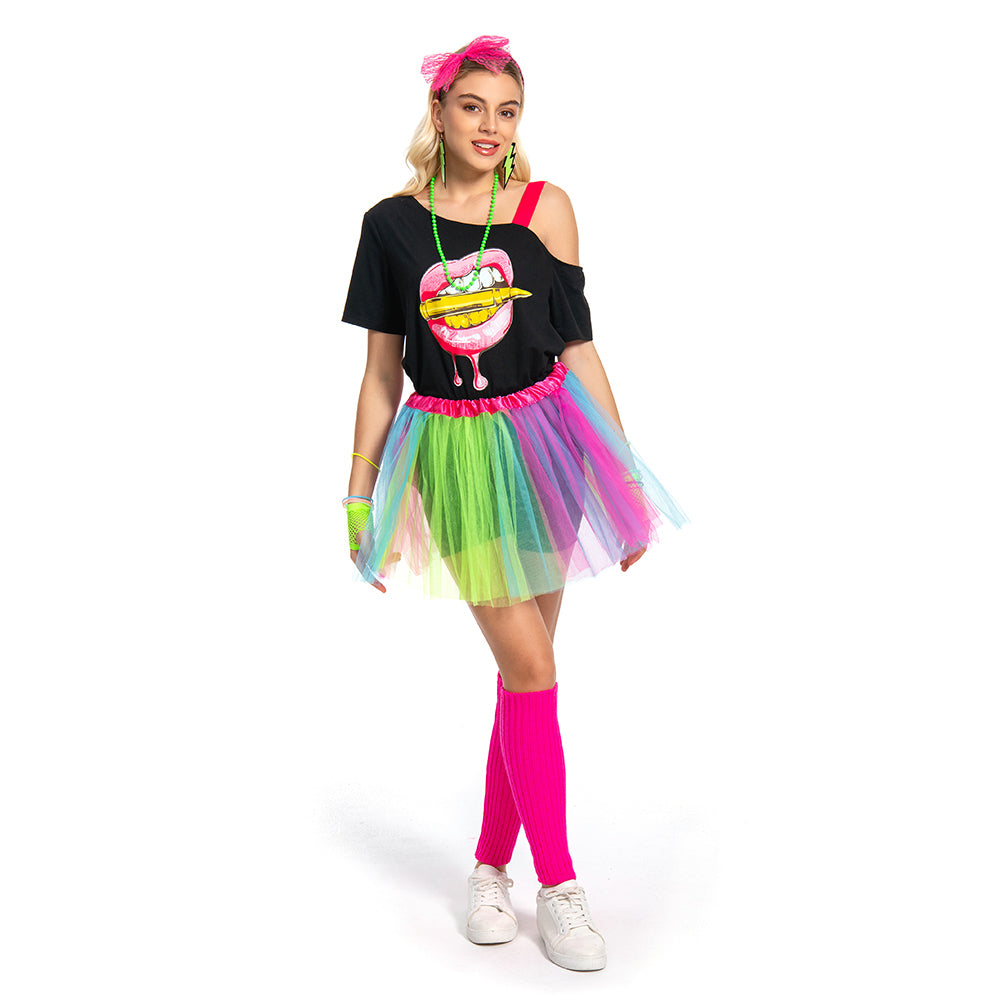 Retro 80S 7Pcs/Set Adult Women Mesh Tutu Rainbow Clourful Dress Cosplay Costume Outfits Halloween Party Carnival Suit