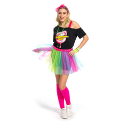Retro 80S 7Pcs/Set Adult Women Mesh Tutu Rainbow Clourful Dress Cosplay Costume Outfits Halloween Party Carnival Suit
