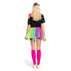 Retro 80S 7Pcs/Set Adult Women Mesh Tutu Rainbow Clourful Dress Cosplay Costume Outfits Halloween Party Carnival Suit