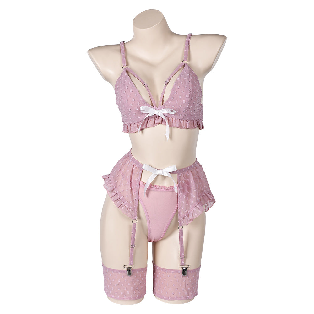 Bowknot Pink Sexy 3 Pics/Set Bikini Lingerie for Women Cosplay Costume Outfits Halloween Carnival Suit