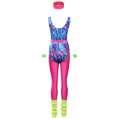 Retro 80s 6Pcs/Set Blue And Pink Colorblocked Printed Leotard Legging Tracksuit For Adult Women Cosplay Workout Costume Outfits Halloween Carnival Suit