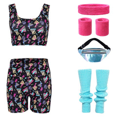 8Pcs/Set Retro 80s 90s Black Printed Workout Outfit Yoga set Women 2 Piece Cosplay Costume Outfits Halloween Carnival Suit