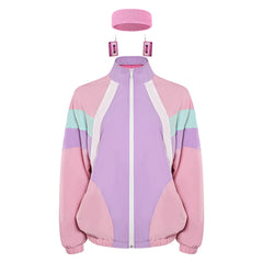 3Pcs/Set Retro 80S Casual Jackets Lightweight Pink Purple Colorblocked Bomber Windbreaker Halloween Cosplay Costume Disguise For Adult Men Women