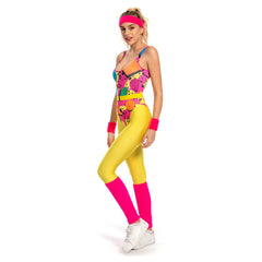 Retro 80s 90s 6Pcs/Set Yellow Colorful Printed Leotard Legging Tracksuit For Adult Women Cosplay Costume Outfits Halloween Carnival Suit