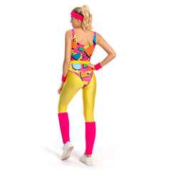 Retro 80s 90s 6Pcs/Set Yellow Colorful Printed Leotard Legging Tracksuit For Adult Women Cosplay Costume Outfits Halloween Carnival Suit