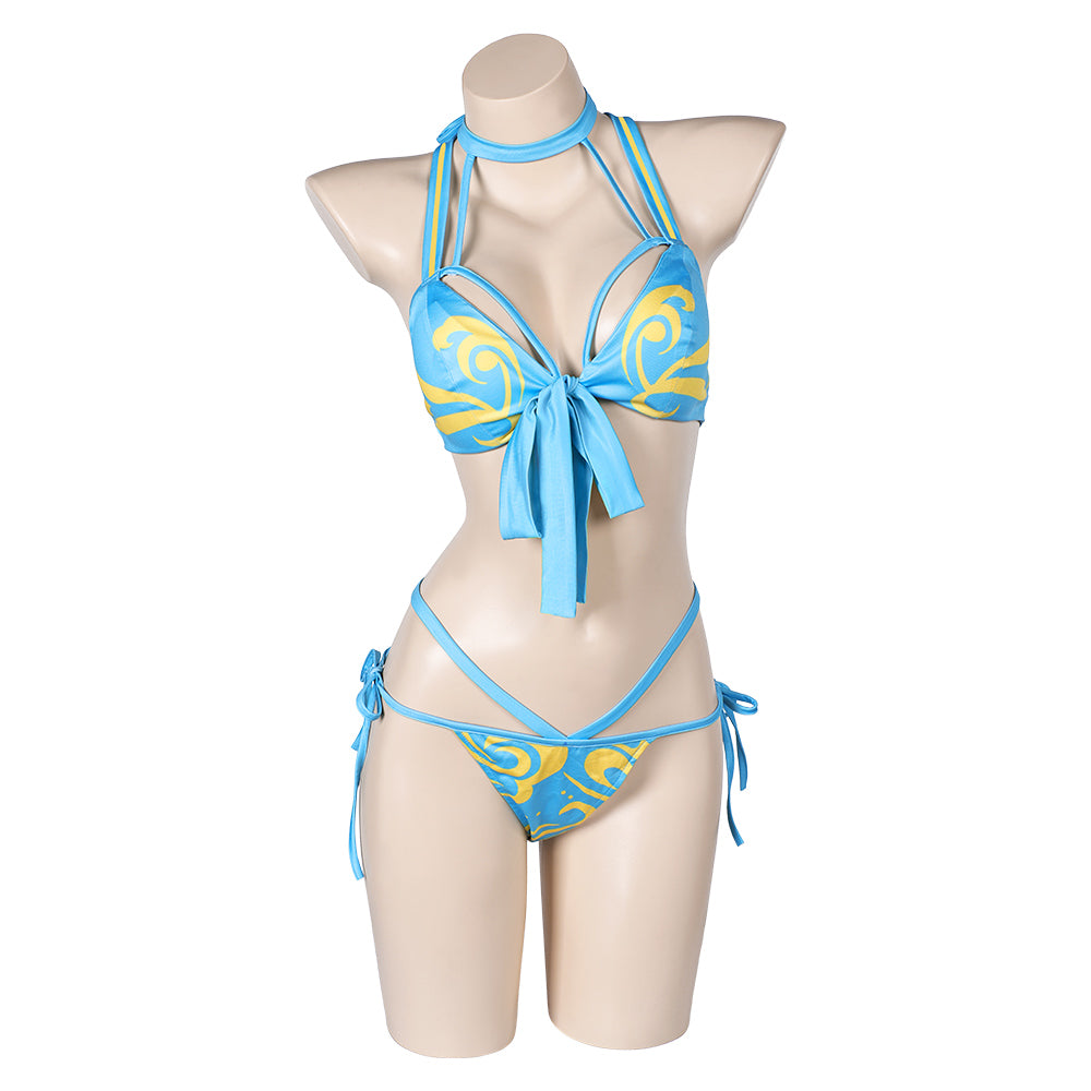 Street Fighter Chun Li Women Blue Printed Sexy Bikini 2 Piece Set Swimsuit Cosplay Costume Outfits Halloween Carnival Suit