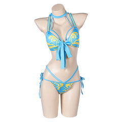 Street Fighter Chun Li Women Blue Printed Sexy Bikini 2 Piece Set Swimsuit Cosplay Costume Outfits Halloween Carnival Suit
