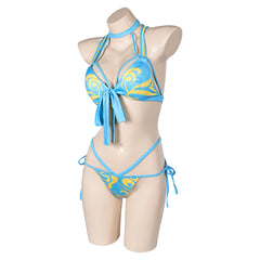 Street Fighter Chun Li Women Blue Printed Sexy Bikini 2 Piece Set Swimsuit Cosplay Costume Outfits Halloween Carnival Suit