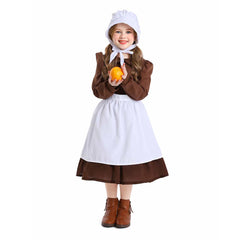 Thanksgiving Retro Kids Girls Colonial Style Brown Pastoral Maid Dress Cosplay Outfits Halloween Party Suit