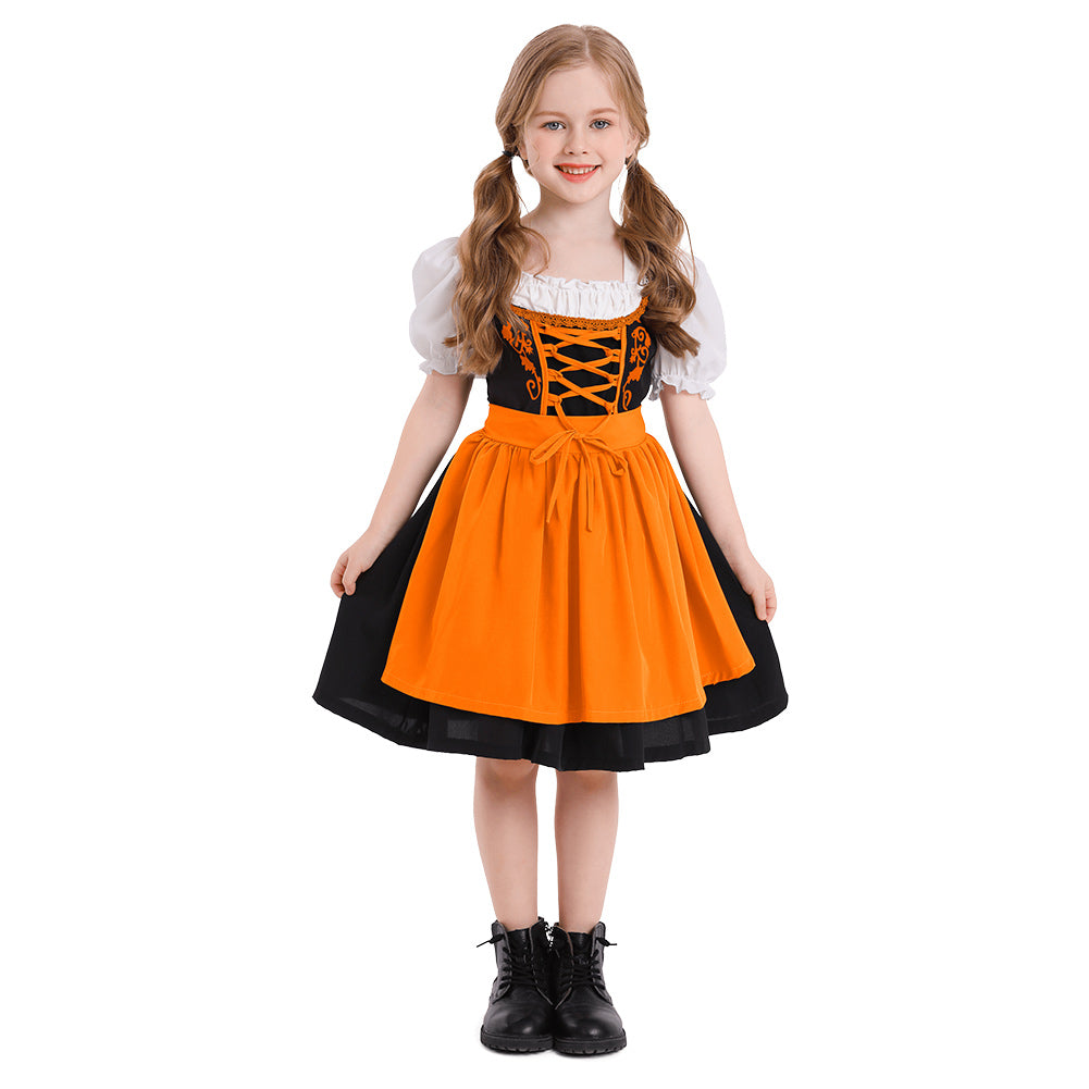 The Munich Oktoberfest Kids Girls Orange Maid Dress Apron 2 Piece Set Cosplay Outfits Halloween Party Suit