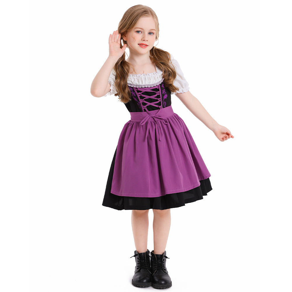 The Munich Oktoberfest Kids Girls Purple Short Sleeve Maid Dress Apron 2 Piece Set Cosplay Outfits Halloween Party Suit